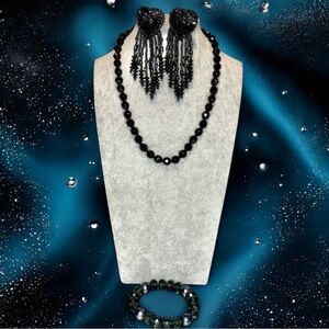 Sequins beaded on leather Heart earrings 3”, Glass necklace 16”, Glass Bracelet